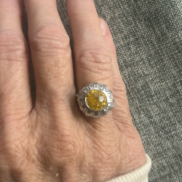 Lustro Stella Yellow and White CZ Halo Ring in Platinum over Sterling Silver - Picture 7 of 8